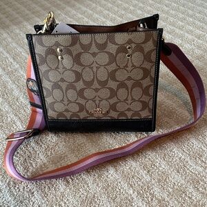 Coach Brown Signature Canvas Crossbody with Pink and Orange Strap